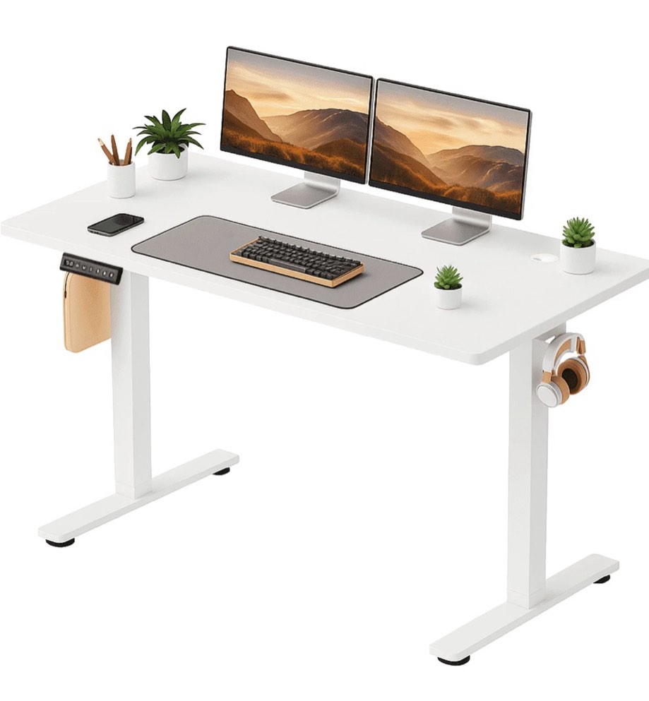 concetta electric height adjustable desk, 55"x24" ergonomic sit stand workstation, one-touch lift home office desk, white