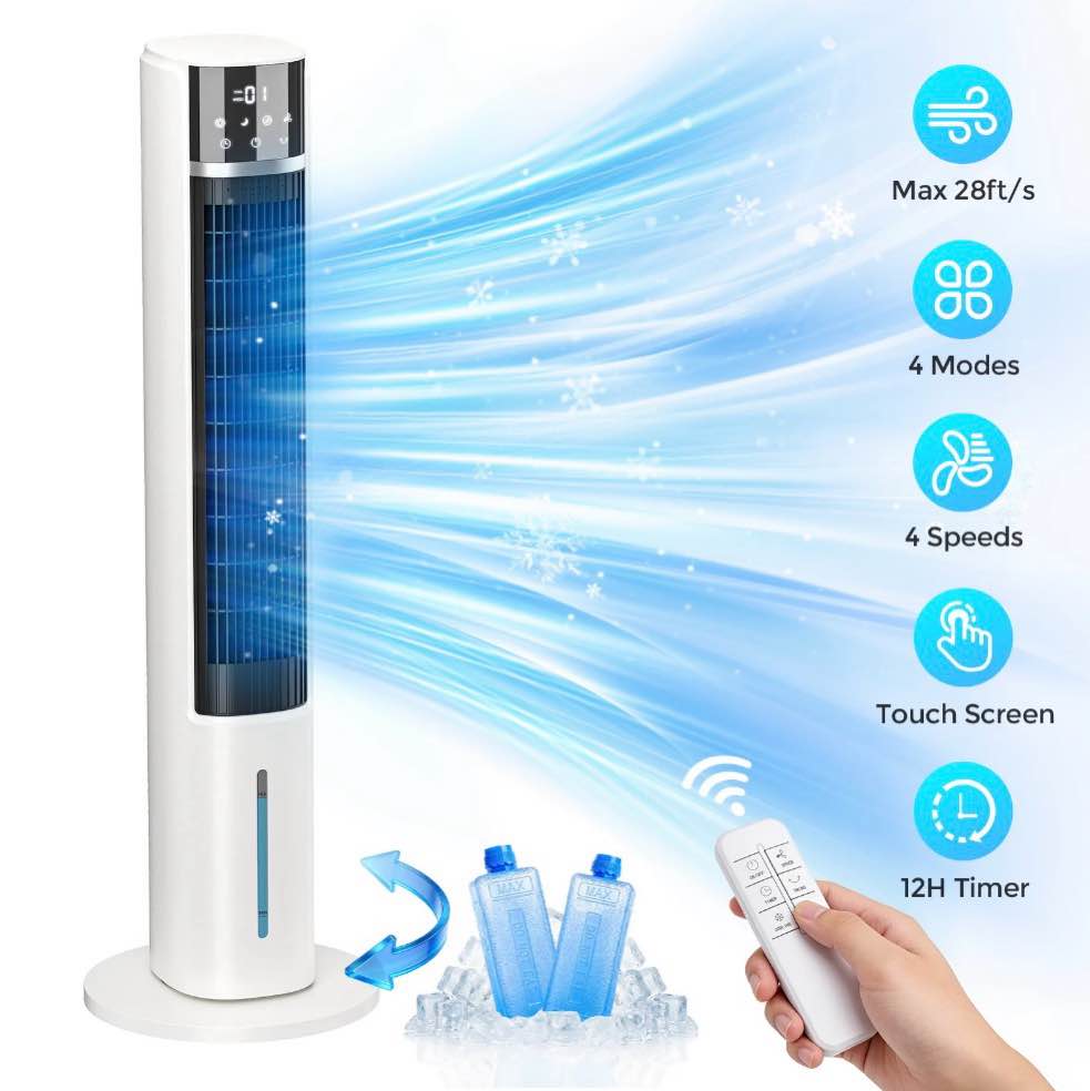 evaporative air cooler tower fan for home bedroom 40 floor standing cooling fans 90° oscillating 4 modes & 4 speeds 12h timer 2 ice crystal boxes