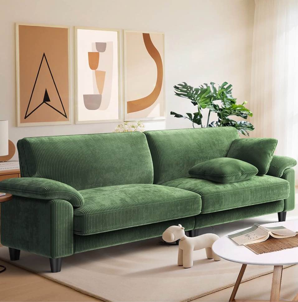 patbrela 83" corduroy sofa, loveseat sofa with extra deep seat couches, comfy upholstered couch for living room, no assembly with 2 pillows, green