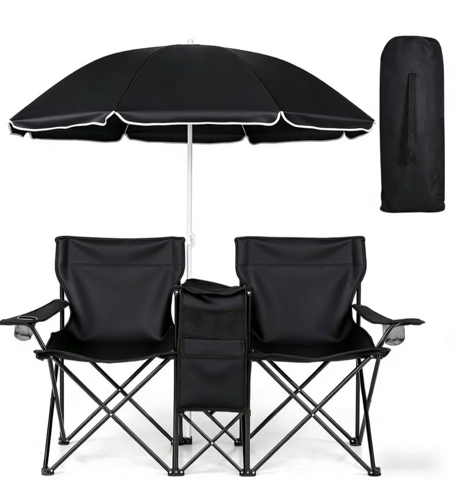 cowin outdoor foldable picnic double chair ,camping chairs with umbrella camping double portable chairs folding beach chair with insulation bag,backpacking black