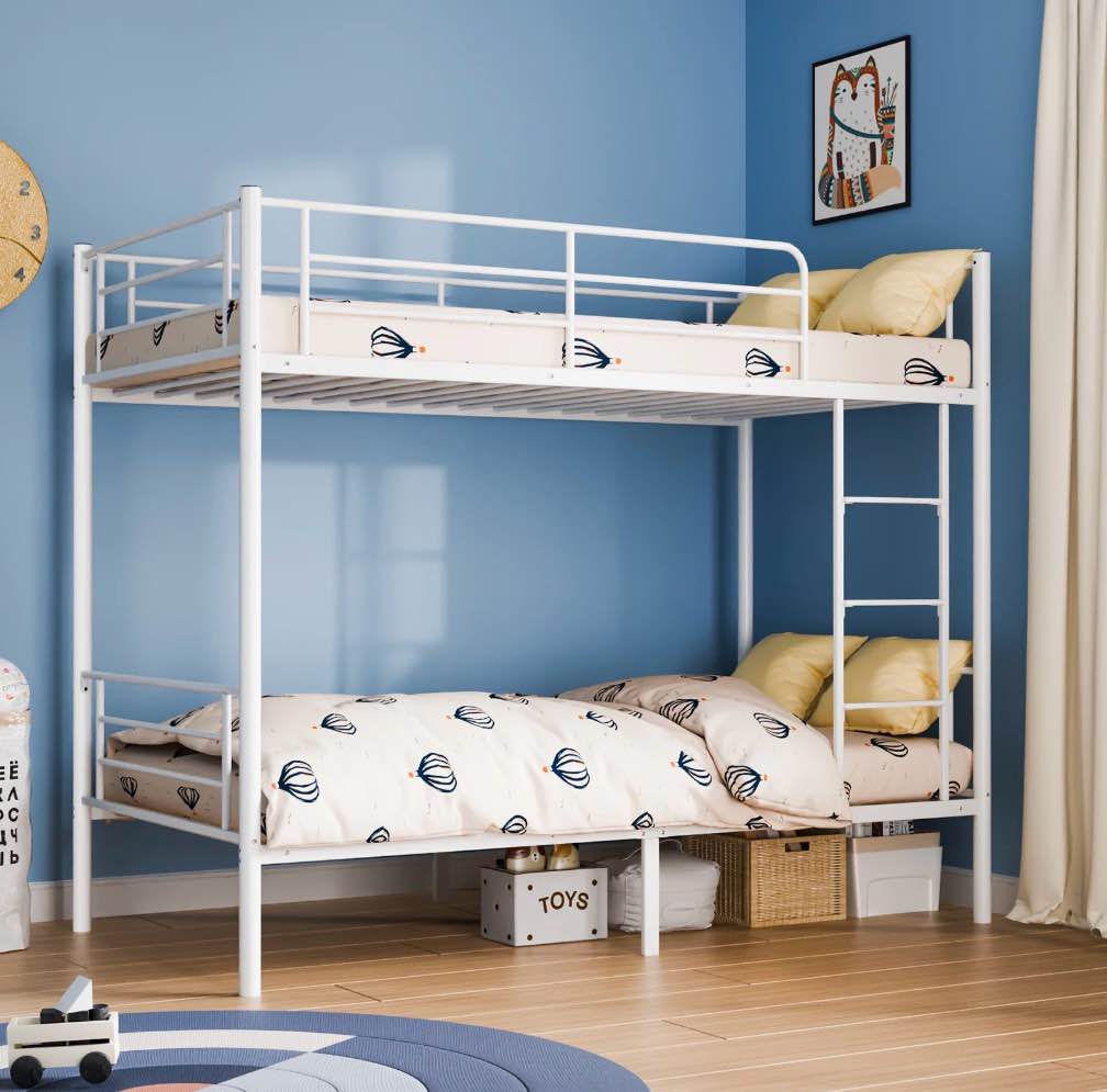 zimtown metal bunk bed twin over twin heavy duty bed frame with safety guard rails & flat ladder for kids teens adults  white
