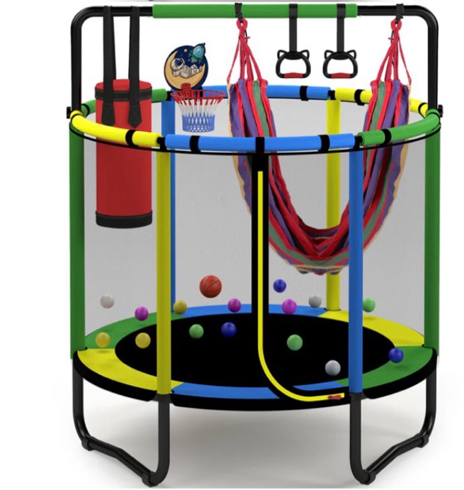 mini round trampoline for kids with basketball hoop  segmart 55   indoor outdoor toddler trampoline with enclosure net  swing  sandbag  ring  ocean balls  small trampoline gift for boys girls  green