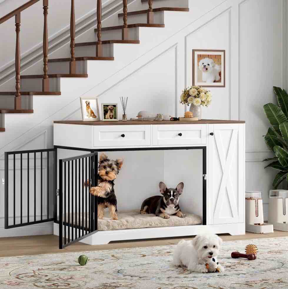 homfa puppy dog crate with storage cabinet and 2 drawers  indoor furniture style wooden large dog kennel  white