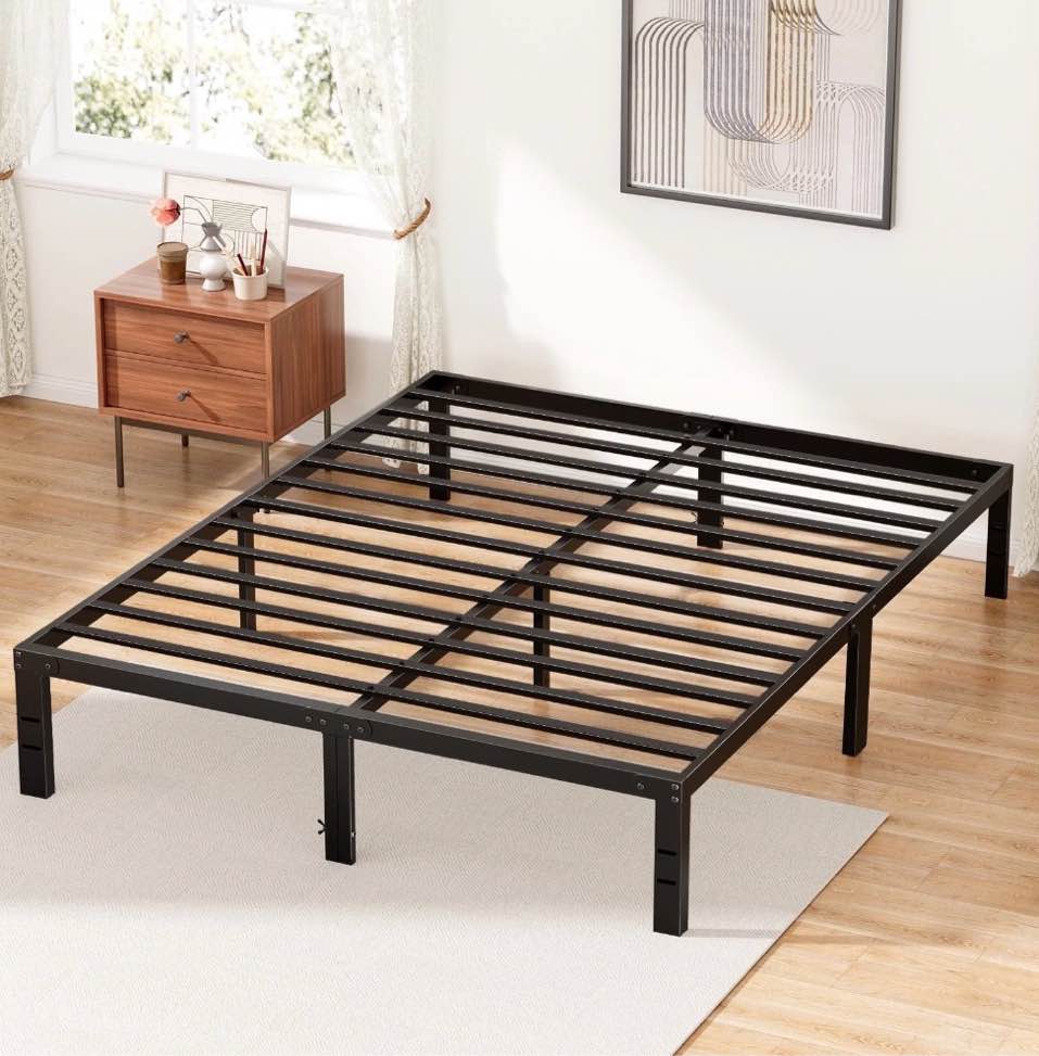 edx 14 inches queen bed frame, heavy duty metal platform with storage space under frame, no box spring needed queen size bed frame, black