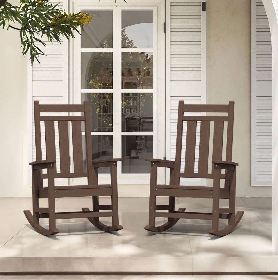 kingyes outdoor rocking chair set of 2 hdpe all weather patio rocker for garden lawn, brown