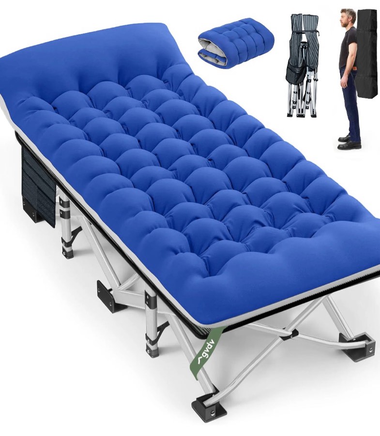 gvdv folding camping cot for adults with 2 sided mattress - 75" x 28" cot, 1200d oxford portable cot bed with carry bag for camp travel guest, blue