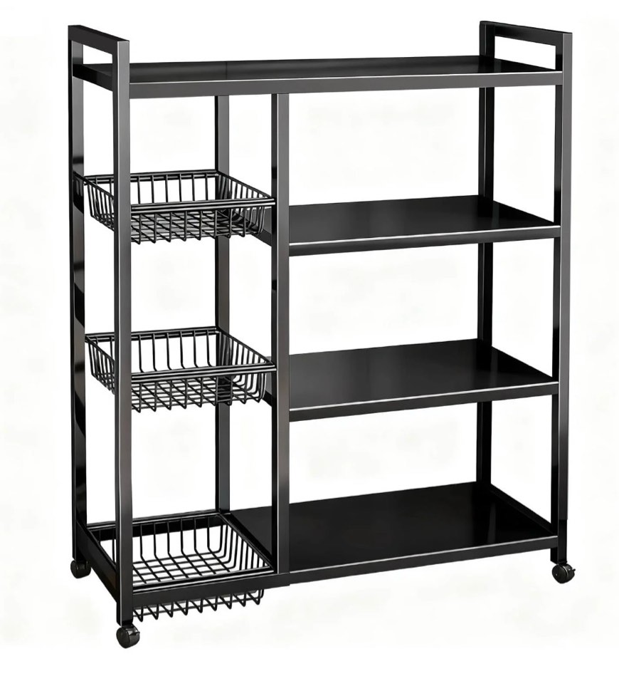movable wire rack, heavy-duty 4-tier storage shelf with 3 baskets and wheels, metal shelves organizer for kitchen, bathroom, office, garage, 31.5''l*12.6''w*42.5''h