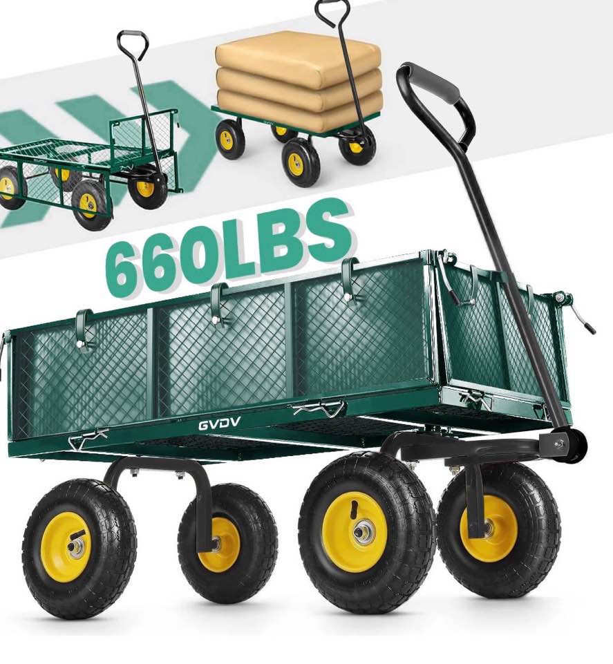 gvdv heavy duty steel garden cart with liner, 40" x 20", 660lbs capacity, 10" wheels, utility cart for yard work hauling and outdoor use, black/green