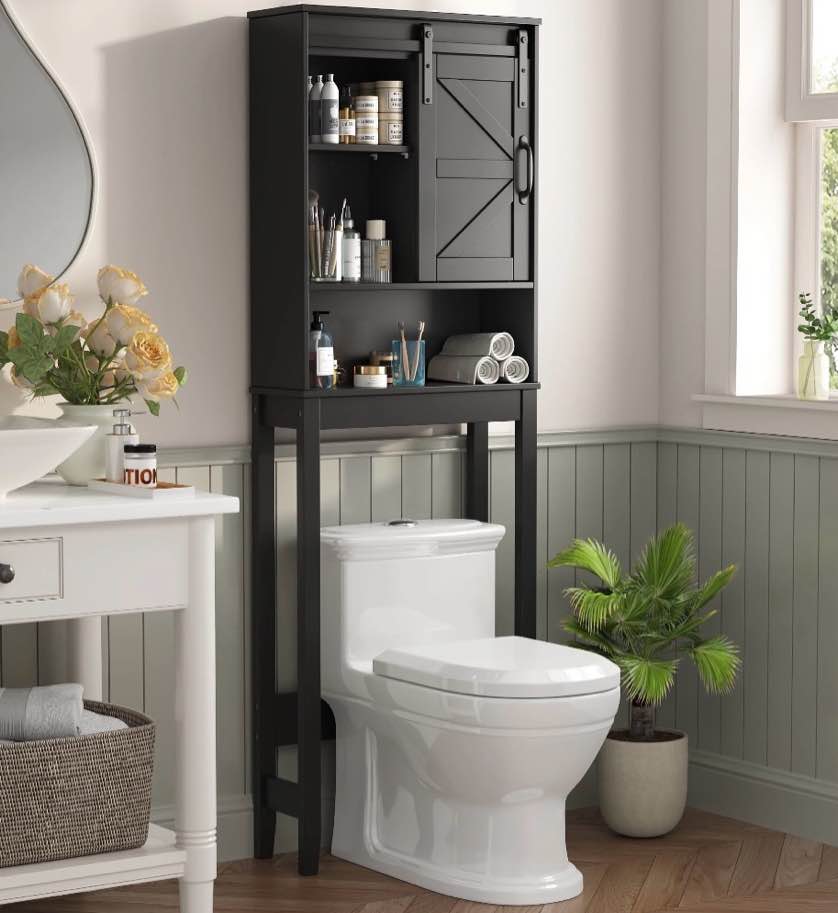 over the toilet storage cabinet, rustic storage cabinet over toilet with sliding barn door & adjustable shelves, farmhouse space saver organizer for bathroom,living room, black