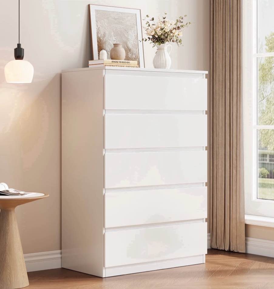 hijob 5 drawer dresser, modern storage cabinet for bedroom, 40" tall chest mid century vertical dresser w/natural texture of drawers for living room, bed room, white