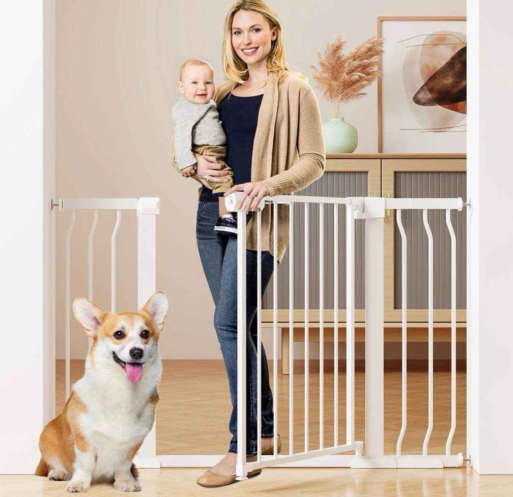 vomeast 36in extra tall baby safety gate,29.93- 48.8in extra wide metal dog gates for stair and doorways,pressure mounted,white