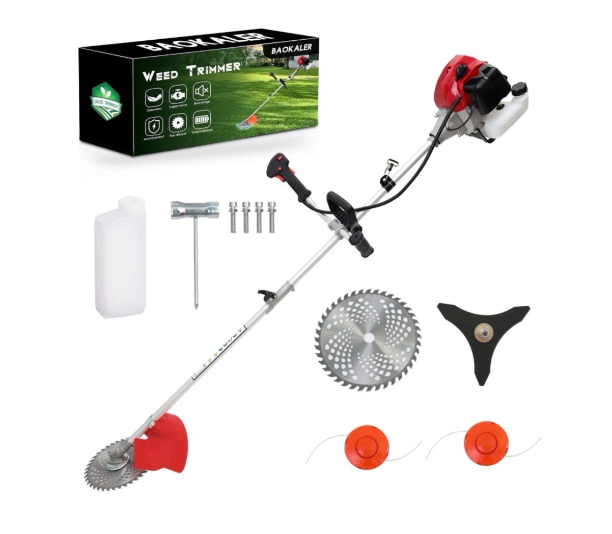 baokaler 52cc gasoline grass string trimmer  2-stroke gas powered weed eater  weed wacker with 4 detachable heads