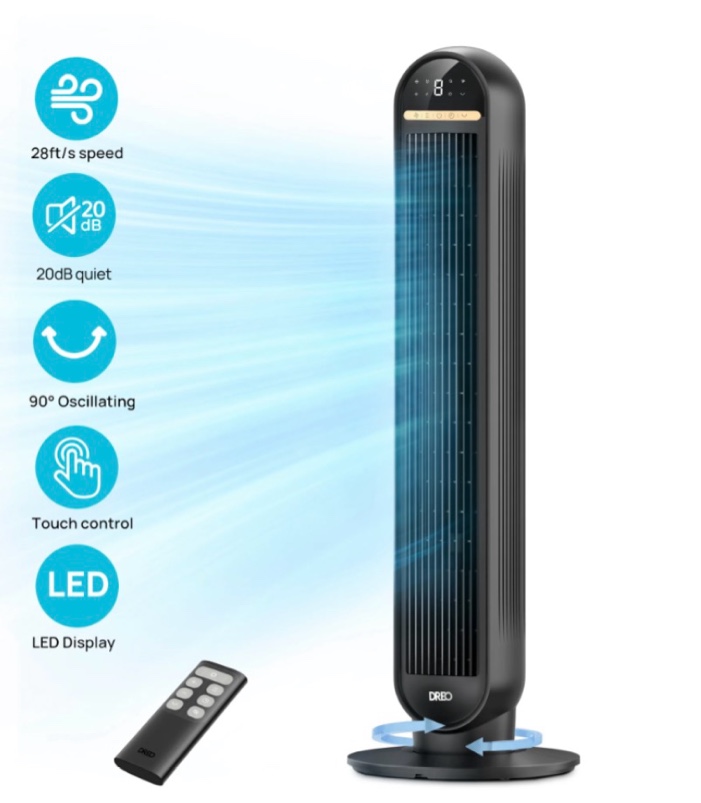 dreo 36 tower fan 20db ultra quiet fans for home 8 speeds & 4 modes 28ft/s powerful airflow 90° oscillating standing fan with remote 8h timer 2026 new upgraded
