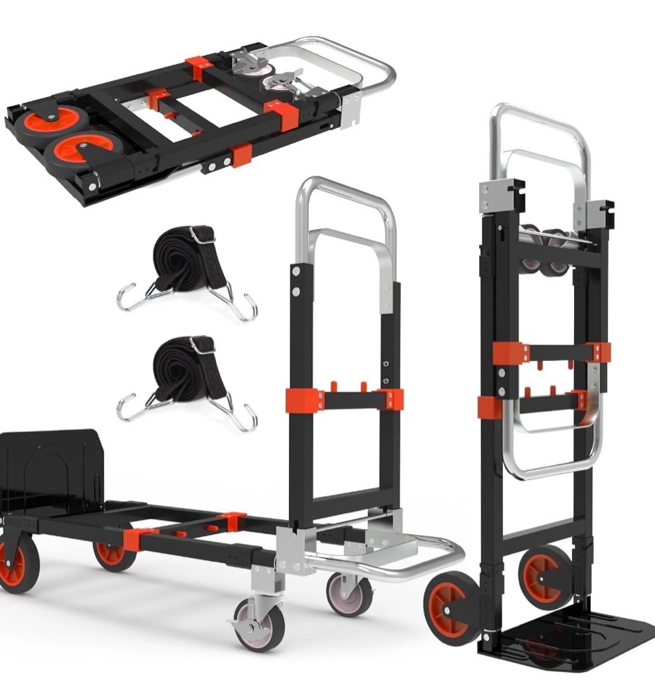 3-in-1 heavy duty folding dolly, convertible hand truck portable steel with telescopic handle & dolly cart with rubber wheels, 580lb capacity,orange