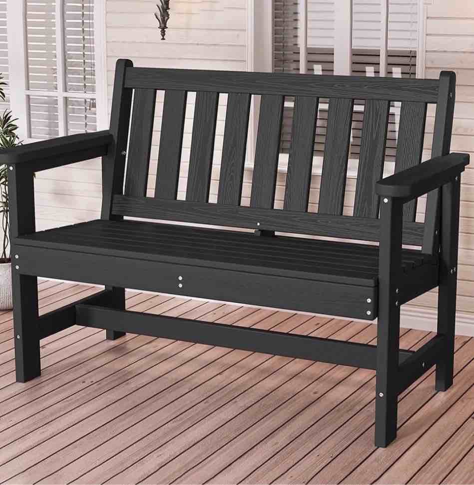 serwall outdoor bench for 2-person, weather-resistant hdpe with aluminum reinforcement, supports 660 lbs, comfortable seating for patio, garden, and porch, black