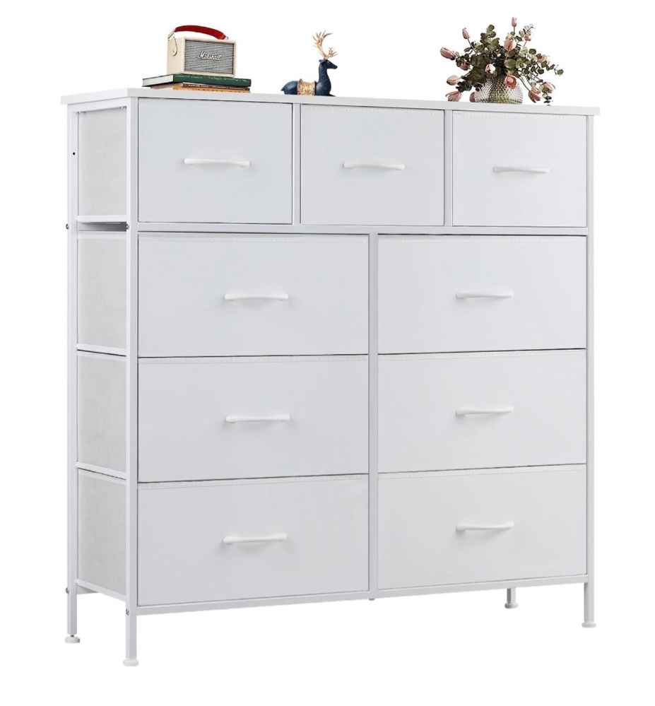 edx Fabric Storage Dresser with 9 Drawers, Steel Frame and Wooden Top for Bedroom, Closet and Entryway , White