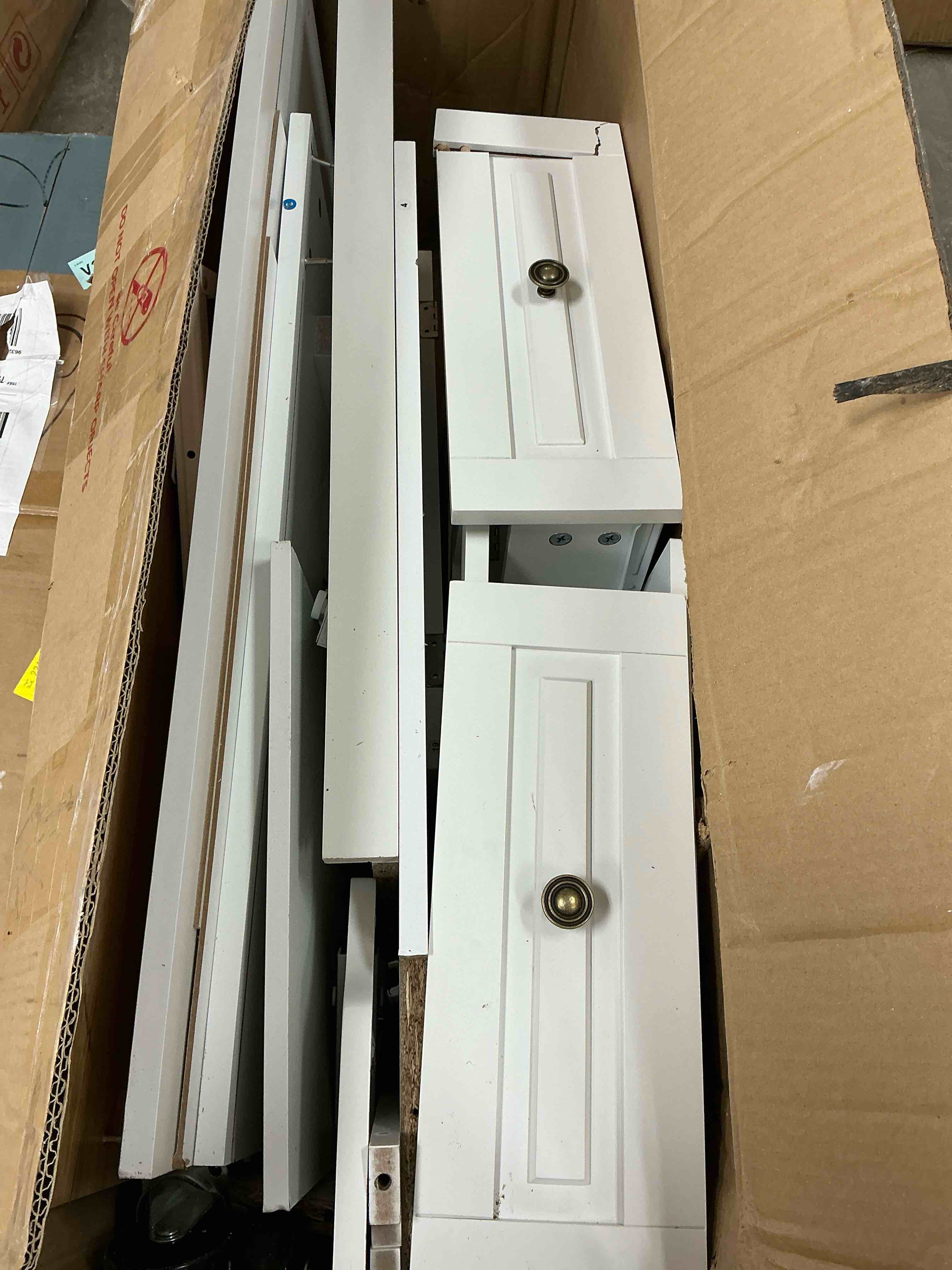 Condition photo showing As Is for RichYa Rolling Kitchen Islands Cart on Wheels with Storage and Drop Leaf, Microwave Table with Rubber Wood Top, Drawers and Spice & Towel Rack