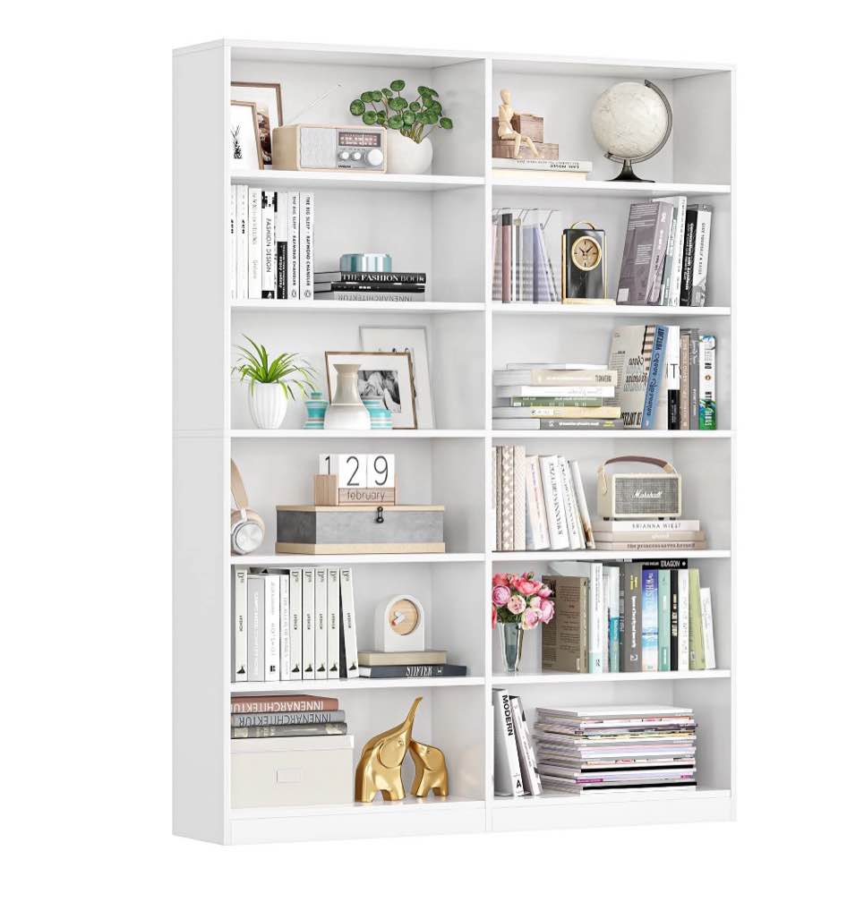 Homfa 74.3" Double Wide 6-Tier Bookcase, Extra Large Wooden Freestanding Display Bookshelf For Home Office Living Room, White