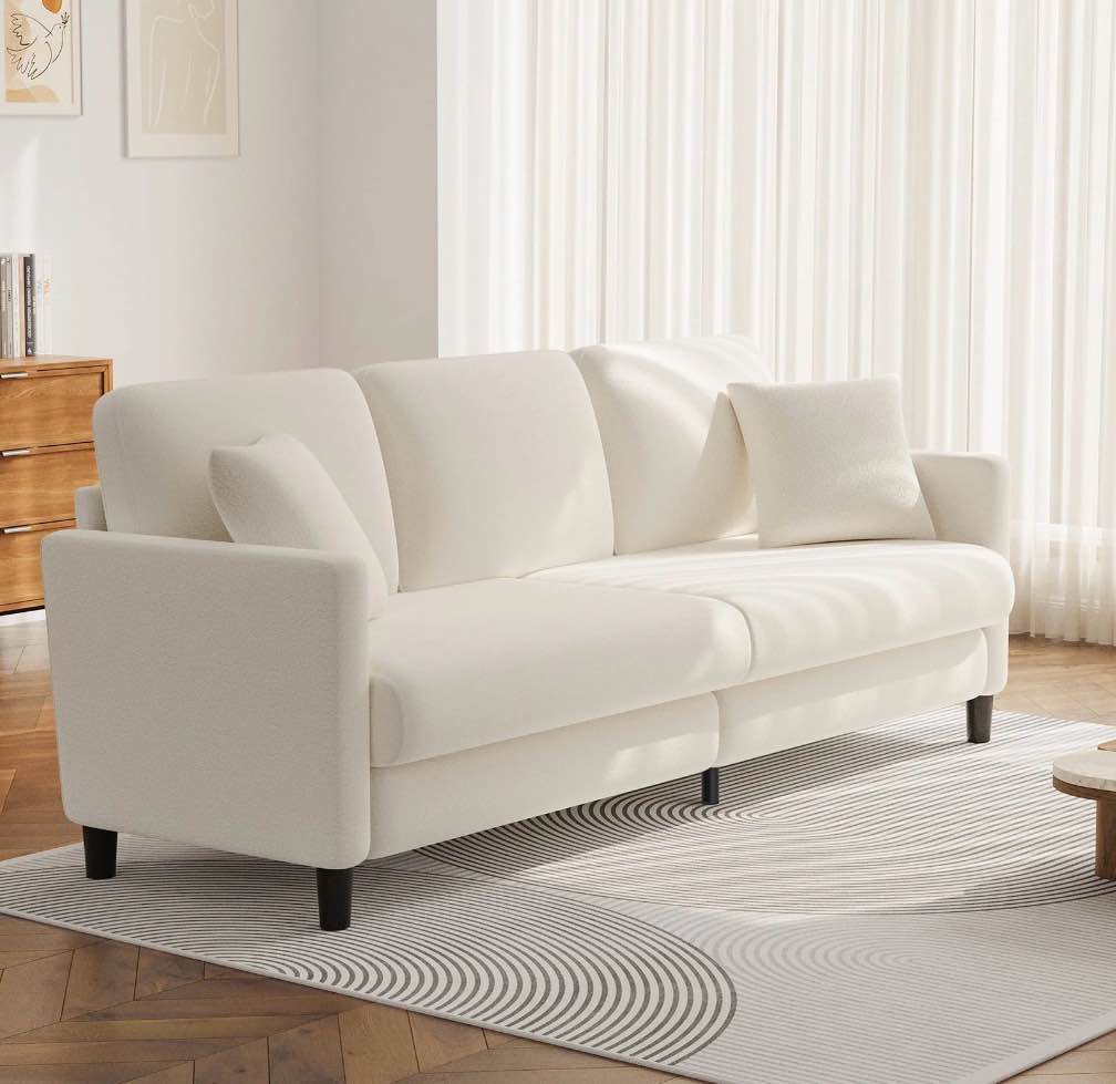 83" Comfortable Upholstered Sofa, 3 Seater Couch for Living Room, Neche Big Loveseat with Extra Deep Seats , 2 Pillows, Beige White