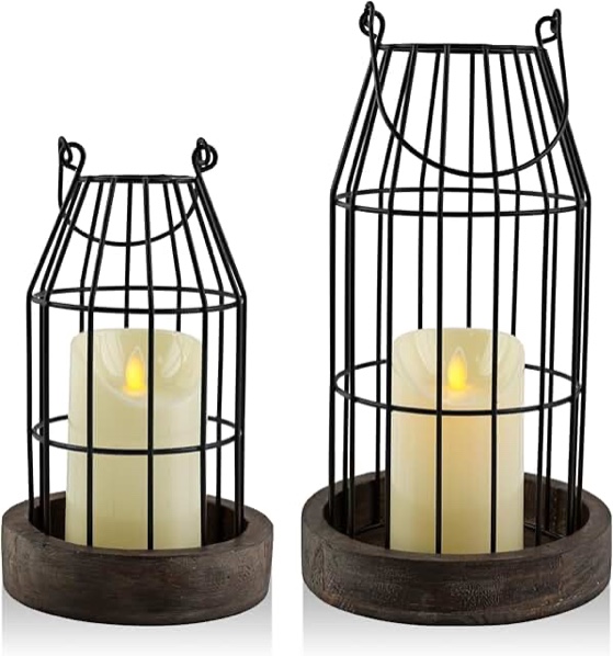 vivirenoir farmhouse lanterns - set of 2 rustic home decor with flameless candles, wire metal cloche