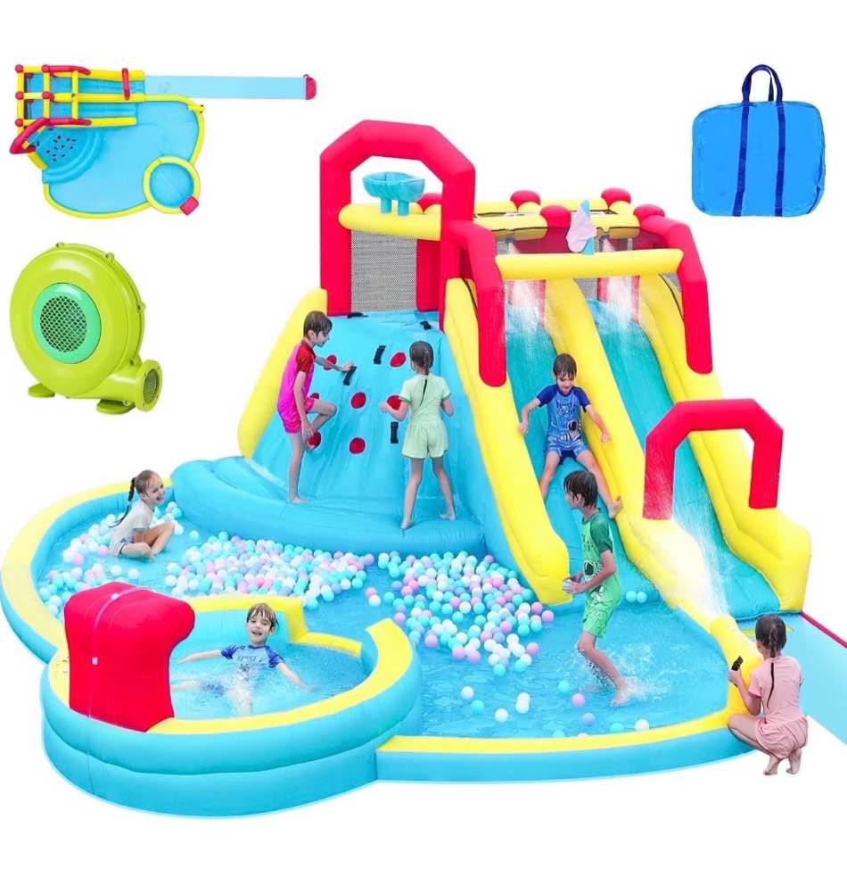 Neche 7 in 1 Large Inflatable Water Slide Bounce House  220.4  x 102.3  x 193.3  With 750w Blower 2 Water Slides  Double Blow up Splash Deep Pool Climbing Wall Water Canon