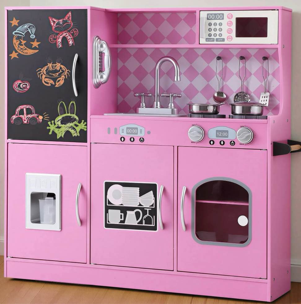 COCLUB Play Kitchen, Wooden Kids Kitchen Playset with Chalkboard, Ice Maker, Play Phone, Cookware Accessories, Microwave Toy Kitchen Gift for Boys Girls Age 3-8 Pink