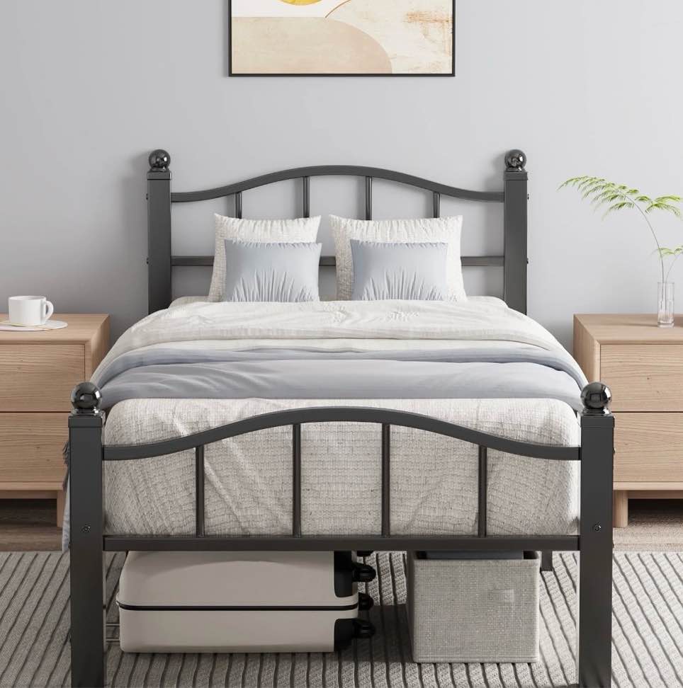 Metal Twin Size Bed Frame, Noise-Free Design & Underbed Storage Heavy Duty Bed Frames with Headboard No Box Spring Needed/Tool-Free Assembly