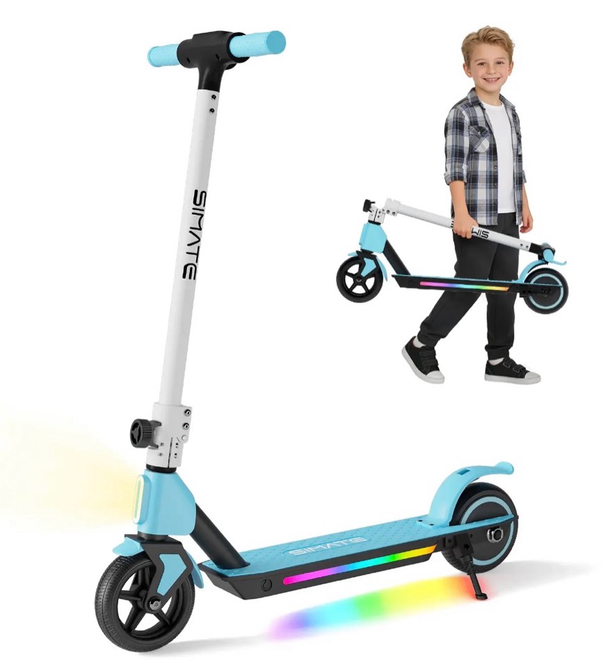 SIMATE Electric Scooter for Kids 6+, Foldable, LED Display & Lights, Dual Braking, 130W, 8.7mph,Blue