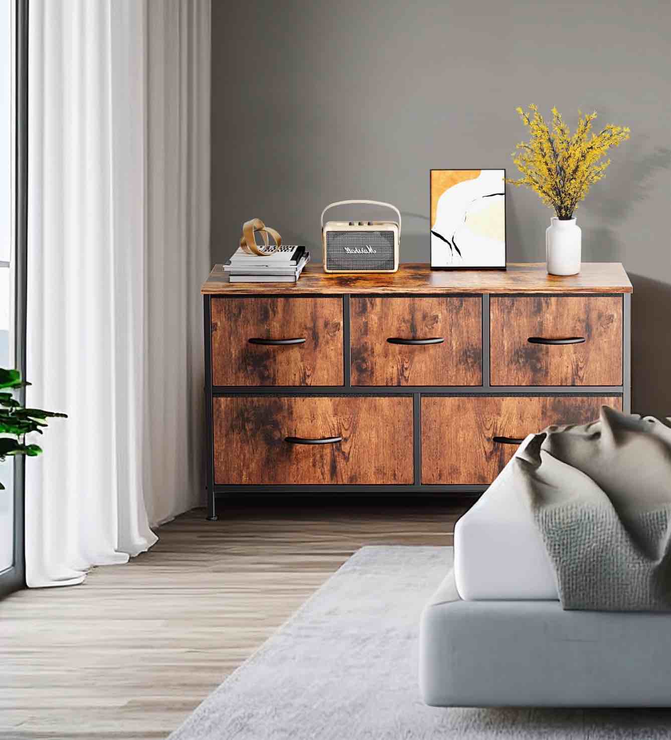 Edx 5 Drawers Dresser For Bedroom, Fabric Storage Organizer Small Cabinet, Rustic Brown 21"Hx39.4"Wx11.8"D