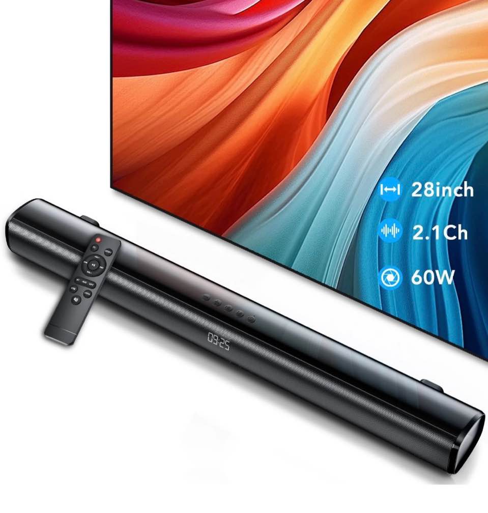 sound bar for tv, 60w soundbar tv speakers, 2.1 ch home theater with subwoofer boost, 3 equalizer modes, soundbar for tv/pc/gaming/projectors, bluetooth, opt, cox, usb & aux wall mountable