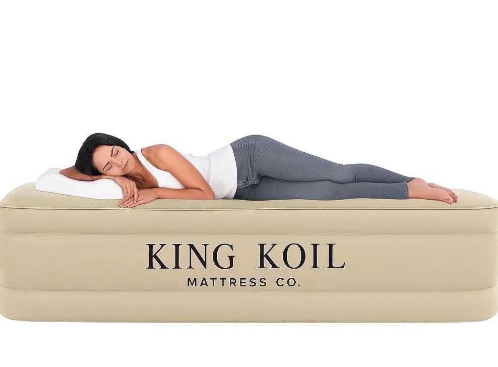 king koil luxury california king air mattress with built-in pump for home  camping & guests - 16” king size inflatable airbed luxury double high adjustable blow up mattress  durable waterproof.