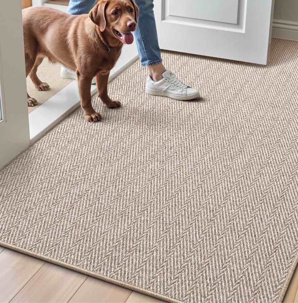 frabe ultra thin indoor door mat non slip  low profile entryway mat  pet friendly doormat with herringbone design for inside  patio  porch  beige  36x56