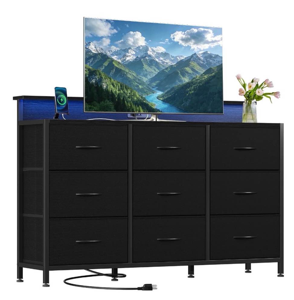 edx 9 fabric drawers dresser with power outlets and led light, multifunctional tv stand and storage cabinet, for bedroom, living room, office, hallway, black