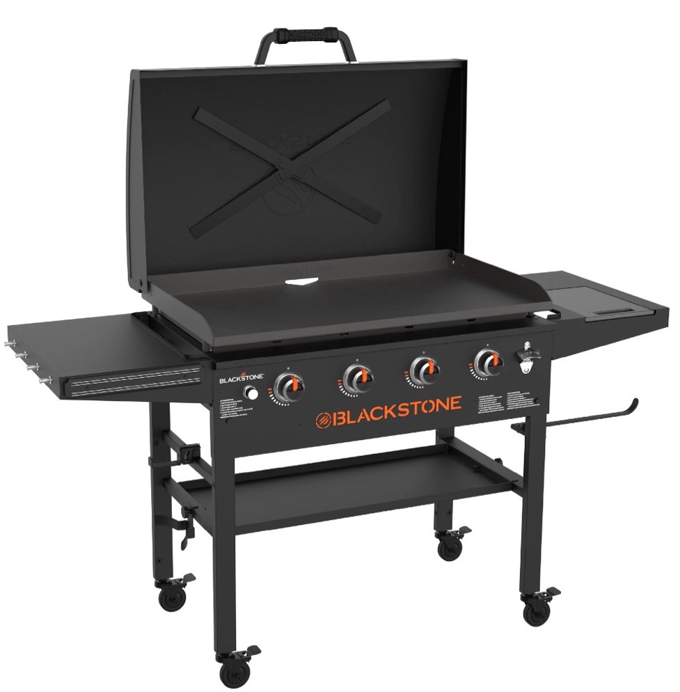 blackstone original 4-burner 36" natural gas omnivore outdoor griddle with hood and folding side shelves
