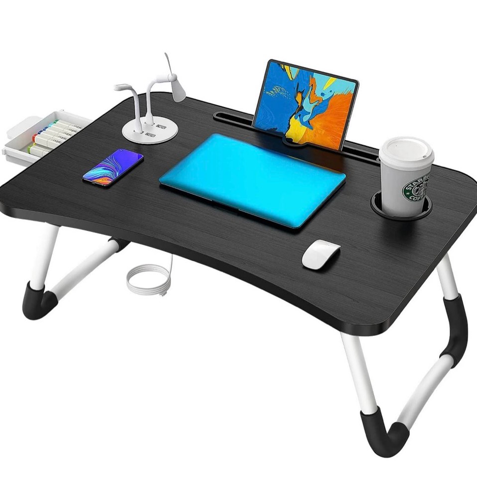 foldable lap desk for bed, honeier bed tray table with 4 usb ports, holder slots, cup holder, drawer, laptop desk table with mini lamp, fan, wood portable table stand for laptop tablet, black