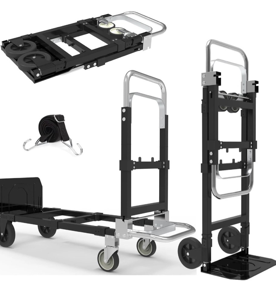 3-in-1 heavy duty folding dolly, convertible hand truck portable steel with telescopic handle & dolly cart with rubber wheels, 580lb capacity,black