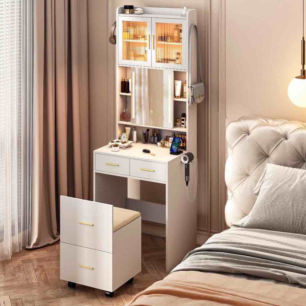 ktaxon makeup vanity table for small spaces, vanity table set with charging station and sliding mirror, bedroom makeup table, white