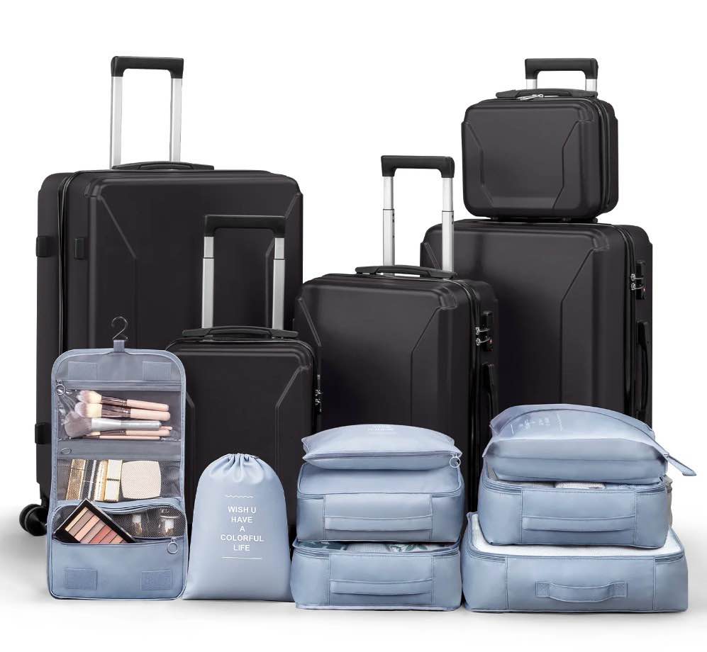 zimtown 4-piece luggage set with 8 packing cubes, hard shell suitcase set with spinner wheels built-in tsa lock, black (( 24 in , 20 in, 16 in , 12 in ,  only ) 