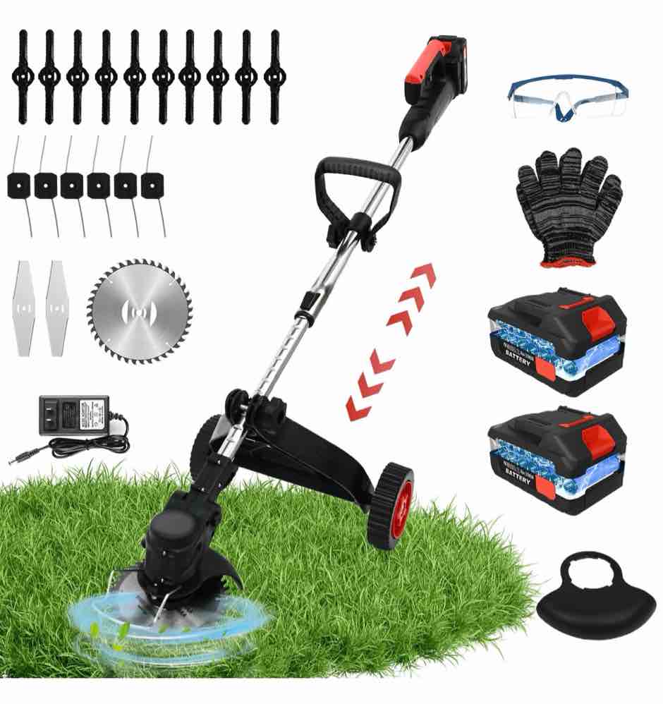 electric cordless weed eater, grass trimmer, weed wacker with 2*2000mah batteries, lawn edger brush cutting machine adjustable handle & 3 types blades