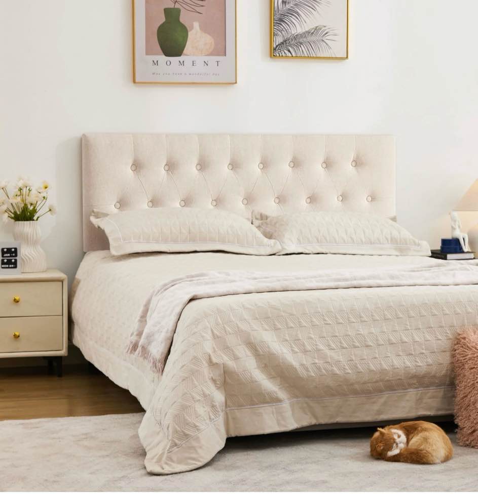 jonpony tufted upholstered headboard twin size, solid wood head board with  adjustable height  headboard from 37" to 51",bed frame adapters,beige,headboard only