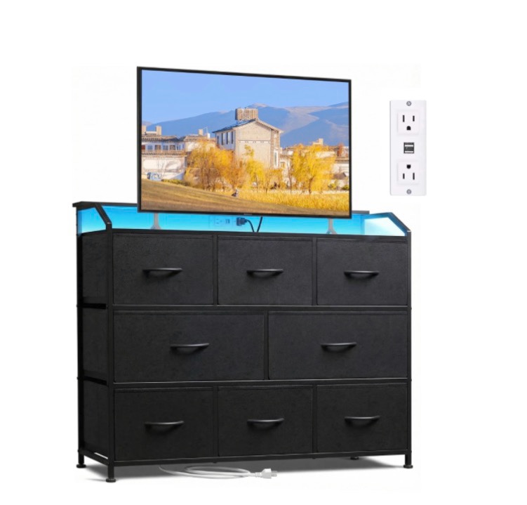 edx 8 fabric drawers dresser with power outlets and led light, multifunctional tv stand and storage cabinet, for bedroom, living room, office, hallway, black