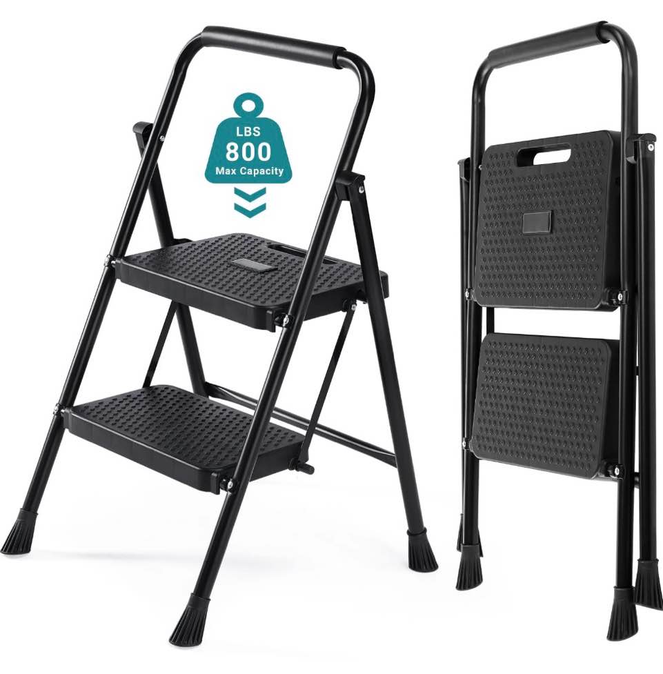 edx 2 step ladder  portable folding step stool heavy duty  anti-slip  lightweight 800lbs capacity  for kitchen  garage & outdoor use  black