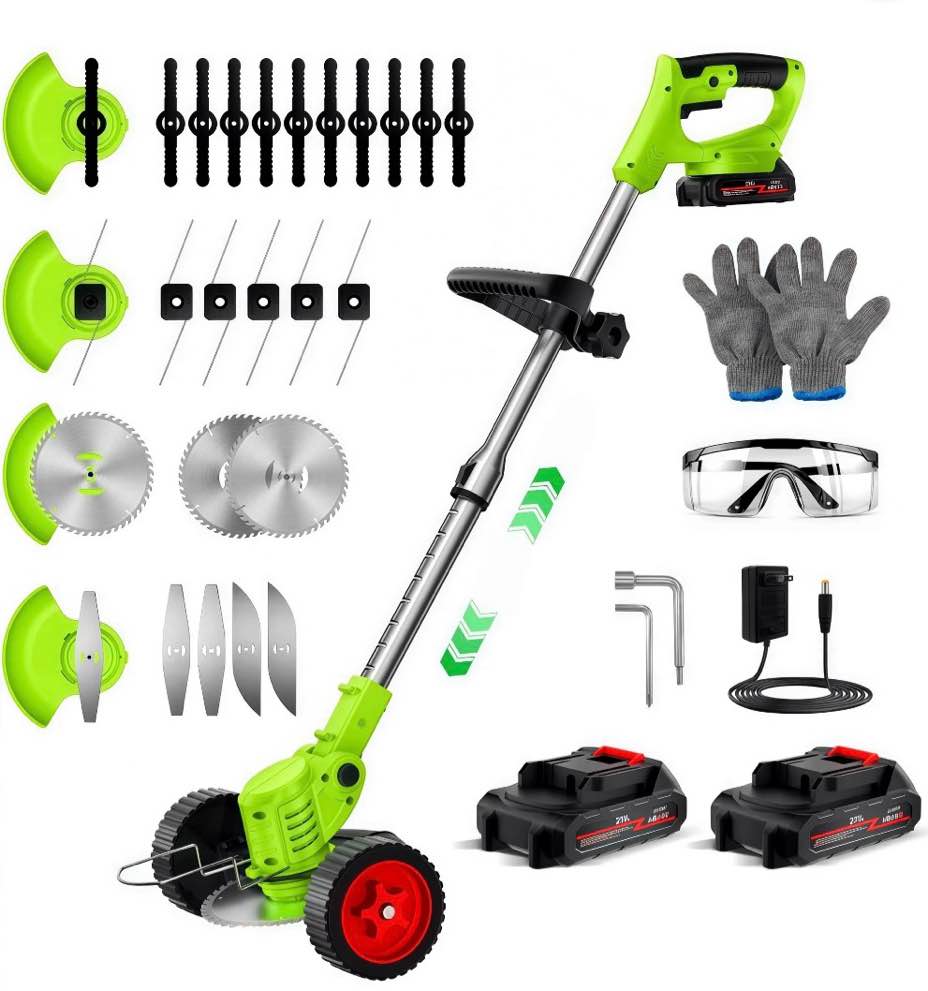 teblint 650w electric weed wacker, cordless string trimmer, weed eater grass trimmer/edger/cutter with wheels, 2pcs 21v batteries, 5 types of blades, adjustable length for lawn yard garden (green)