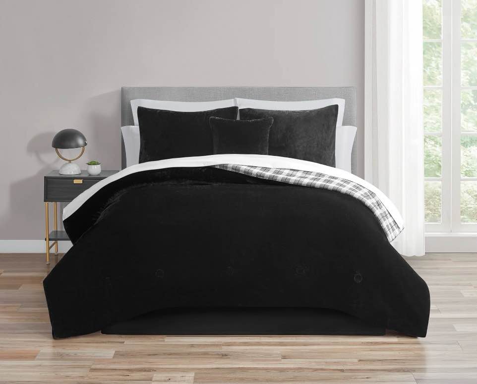 mainstays 11-piece bed in a bag comforter set with sheets, black faux fur, king, unisex