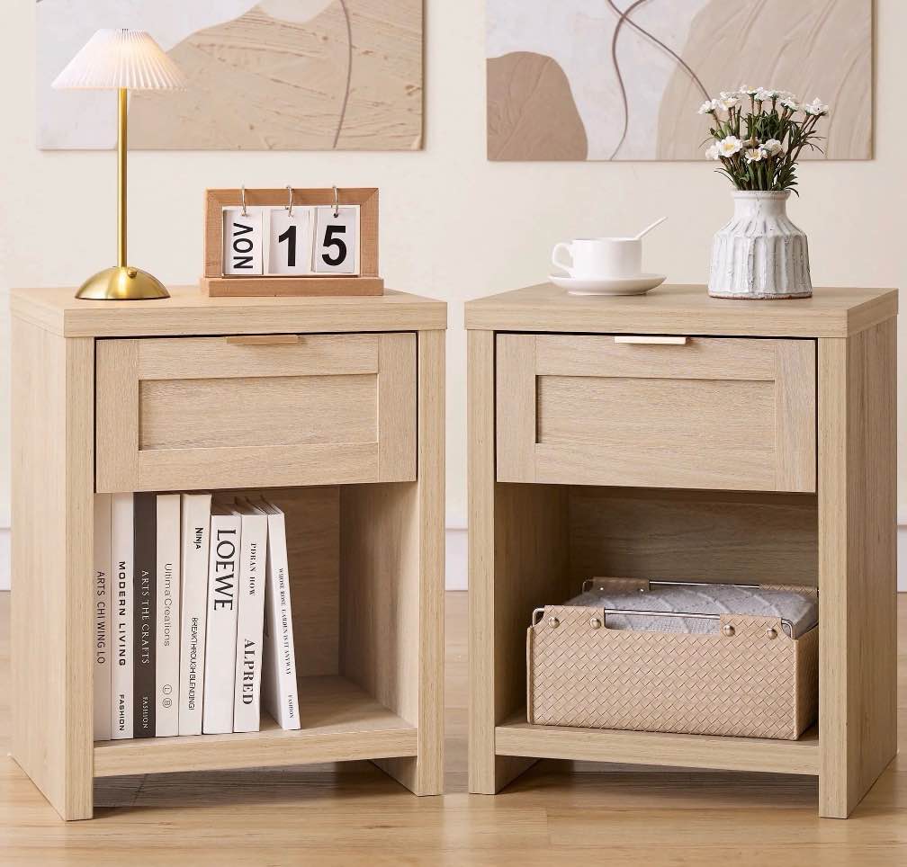 ARKANTOS Nightstand with Drawers Farmhouse Nightstand Set of 2 Light Oak