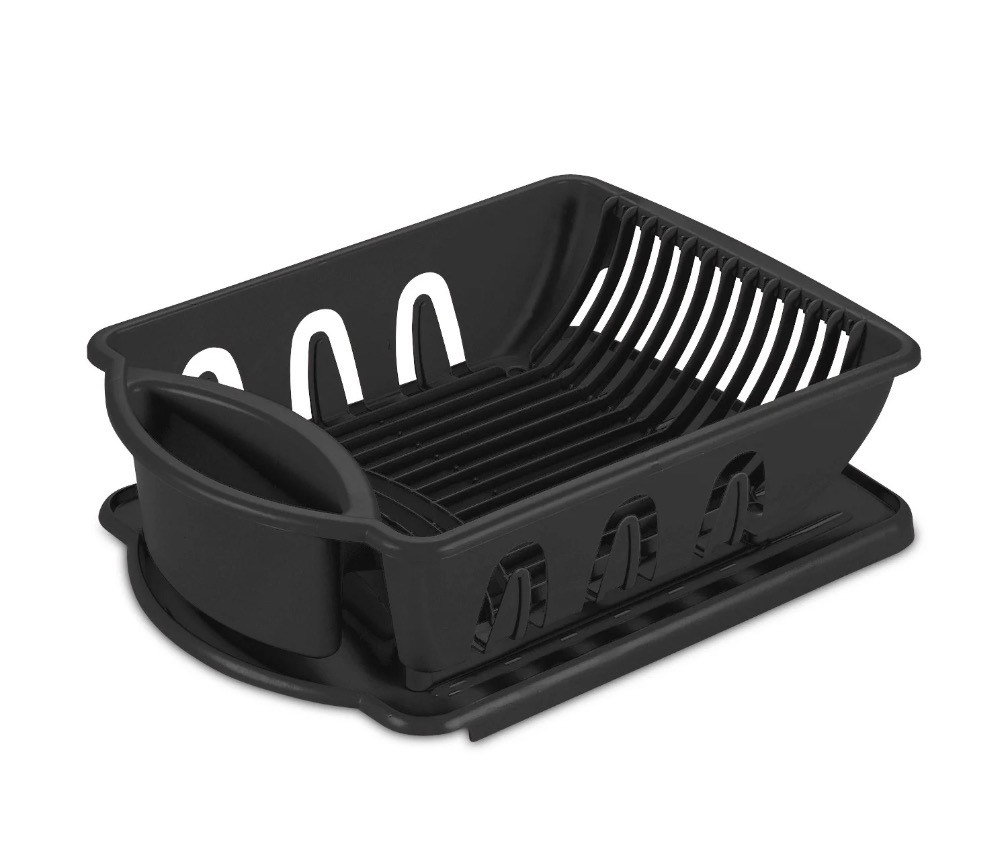 1 piece Sterilite  Sink Set  Dish Drainer and Drainboard for Plates  Cups  and Flatware  Black  
