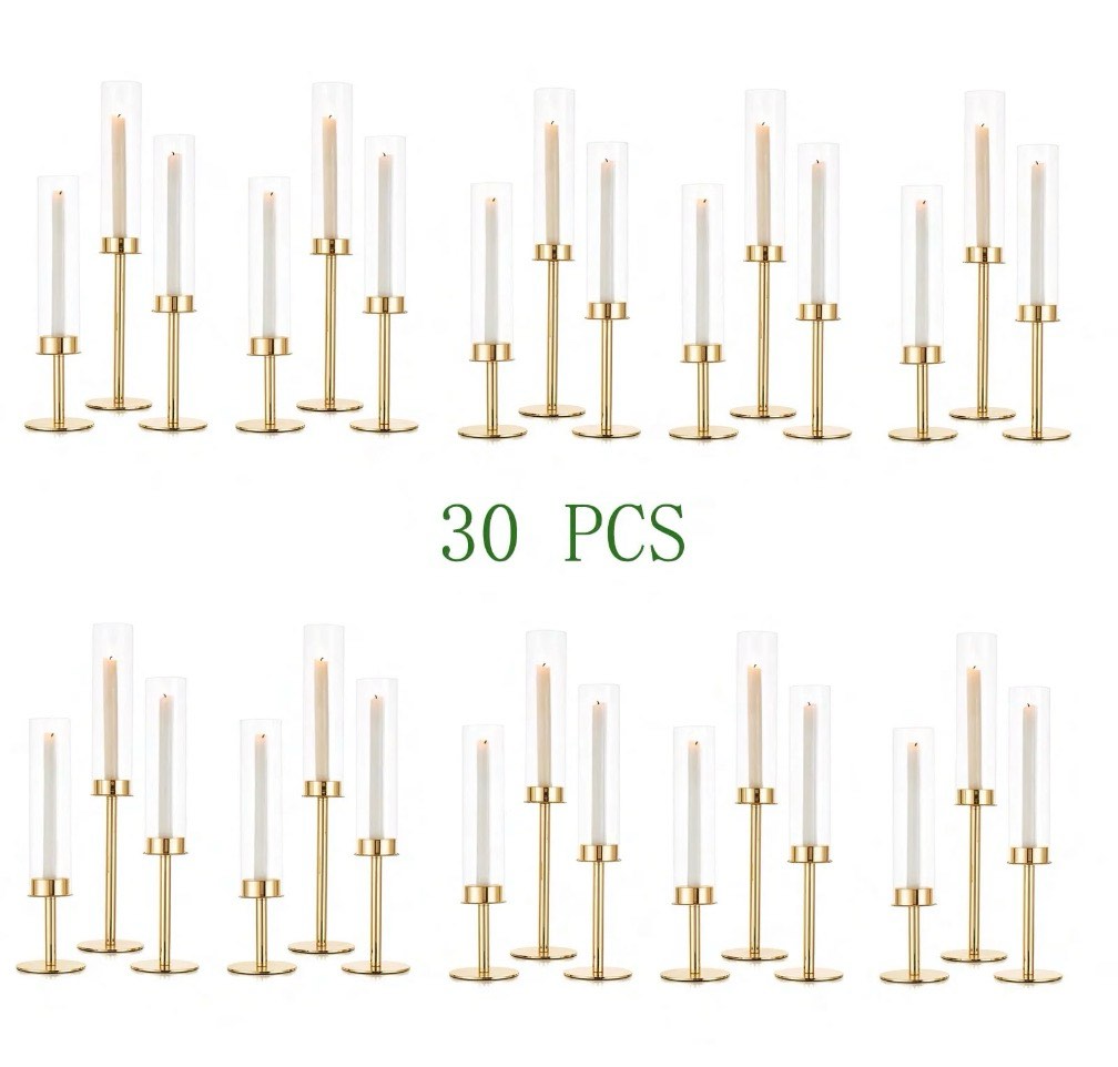 Nuptio Open End Cylinder Glass Hurricane Candle Holders for Taper Candles?Tall Brass Candlestick Holder?Gold Centerpiece for Table Mantel Fireplace? Set of 27