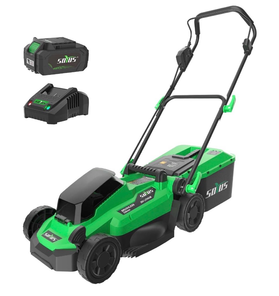 SOYUS Electric Lawn Mower Cordless, 13 Inch 20V Lawn Mowers with Brushless Motor, 5-Position Height Adjustment, 4.0Ah Batteries 