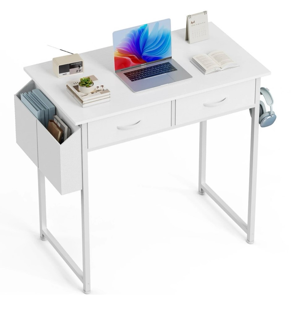 edx Small Desk with Fabric Drawers & Storage Bag Iron Hook, Home Office Computer Desk,White Vanity Desk with Storage for Home, Bedroom, 32 Inch, White