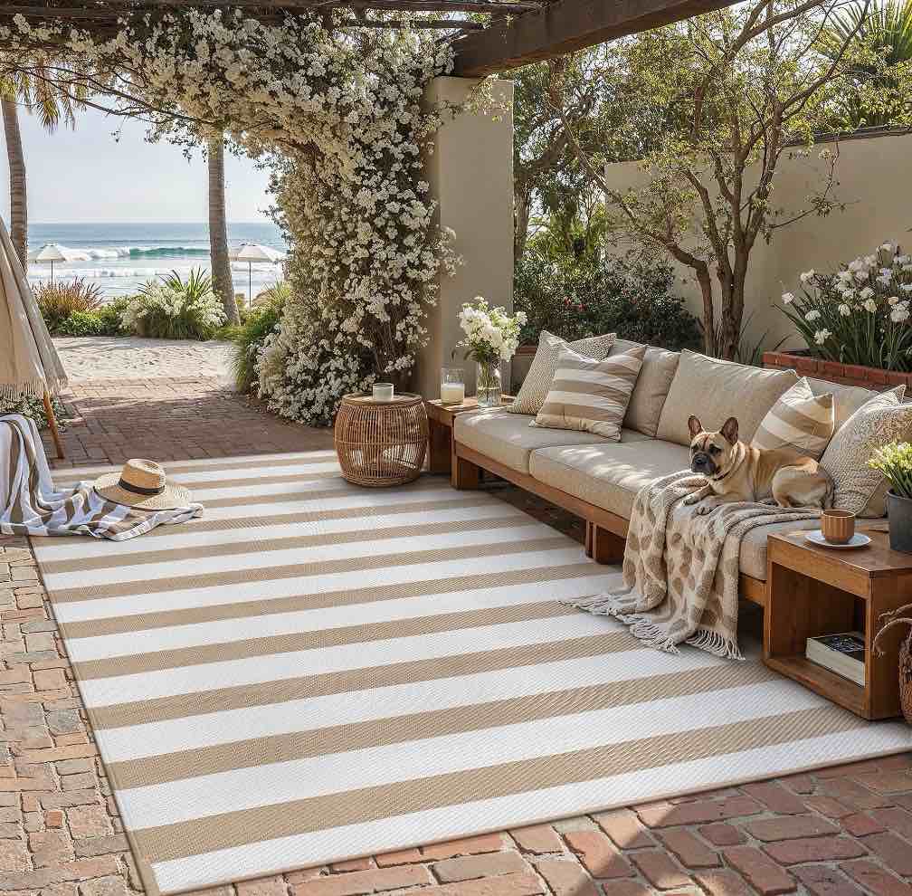 berthmeer outdoor rugs 8'x10' on sale clearance waterproof reversible patio rugs geometric stripes large lightweight plastic straw carpets for rv camping deck balcony beach picnic,beige white
